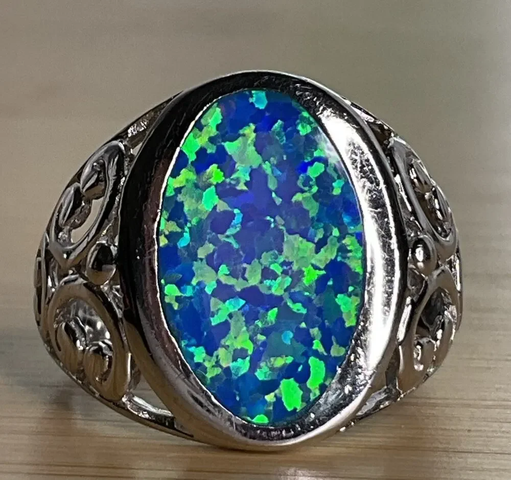 Vintage Sterling Silver Blue Green Oval Opal Filigree Ring Size 9